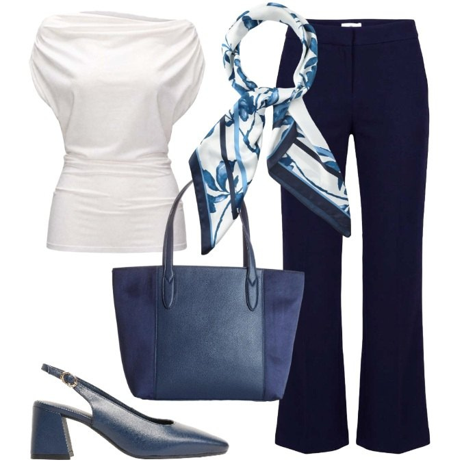 Outfit donna - Ufficio - Riunioni -Eventi. Stile Casual chic per Ufficio. Abbinamento con décolleté, shopping bag, foulard, top, pantaloni.