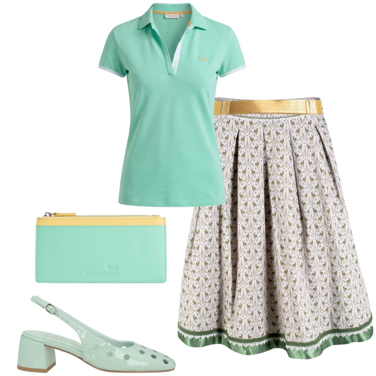 Outfit donna - Al lavoro. Stile Casual per Ufficio. Abbinamento con décolleté, gonne longuette, portafogli, polo, cinture.