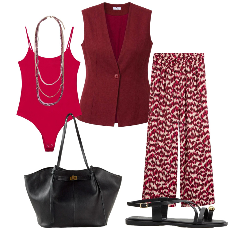 Outfit donna - Total look #2453009. Stile Minimal per Ufficio. Abbinamento con shopping bag, sandali, pantaloni a palazzo, top, gilet, collane.