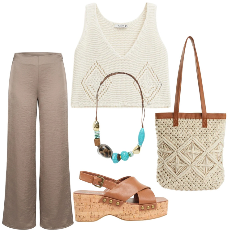 Outfit donna - Total look #2453011. Stile Minimal per Tutti i giorni. Abbinamento con zeppe, shopping bag, top, collane, pantaloni a palazzo.