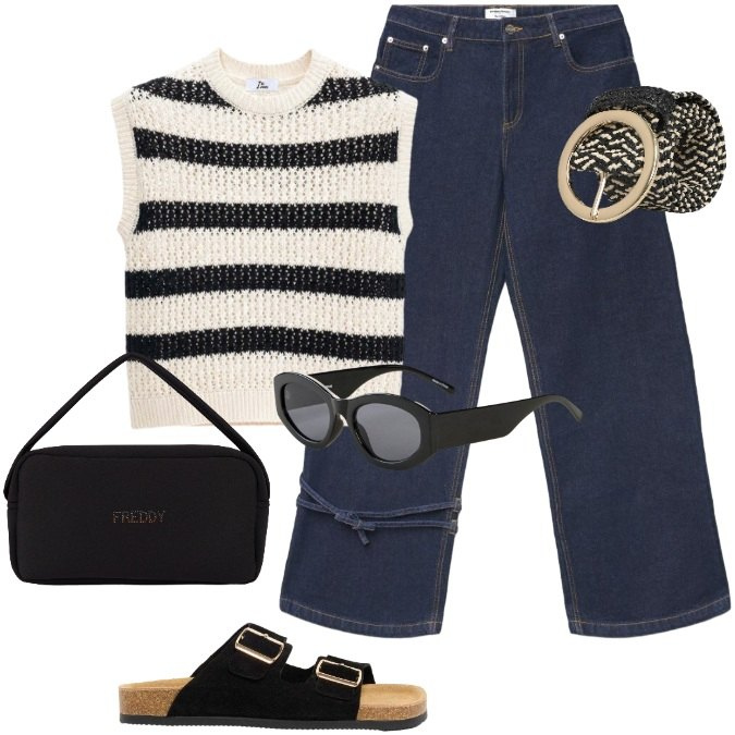 Outfit donna - Stile vacanziero. Stile Trendy per Mare. Abbinamento con ciabatte, occhiali da sole, cinture, jeans dritti, canottiere, borse a mano.