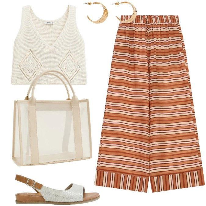 Outfit donna - Giornate afose. Stile Casual chic per Tutti i giorni. Abbinamento con sandali, orecchini, borse tote, top, pantaloni a palazzo.