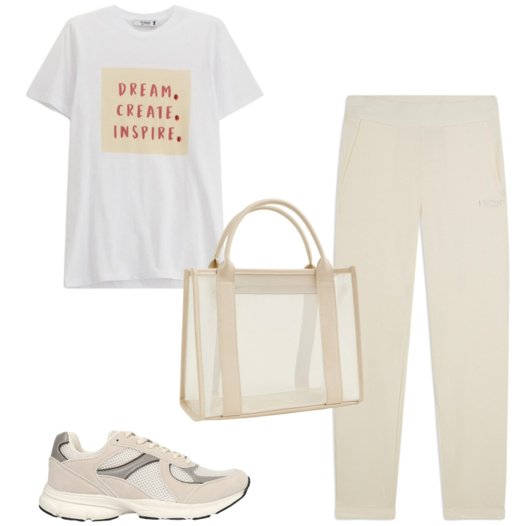Outfit donna - Total look #2453017. Stile Sporty chic per Tutti i giorni. Abbinamento con borse tote, sneakers, t-shirt, pantaloni.