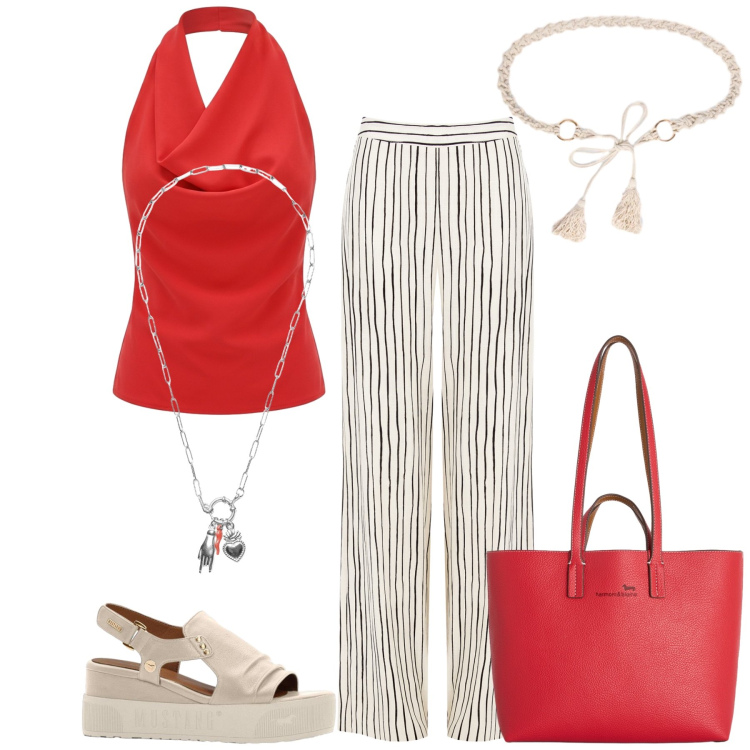 Outfit donna - Total look #2453018. Stile Casual chic per Tutti i giorni. Abbinamento con sandali, shopping bag, canottiere, pantaloni a palazzo, ciondoli, cinture.