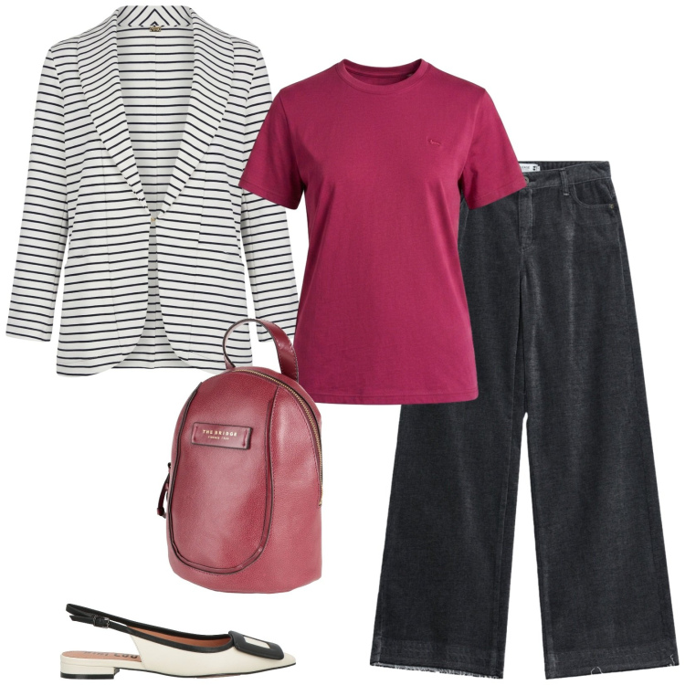 Outfit donna - Total look #2453019. Stile Casual chic per Ufficio. Abbinamento con zaini, ballerine, blazer, t-shirt, jeans.