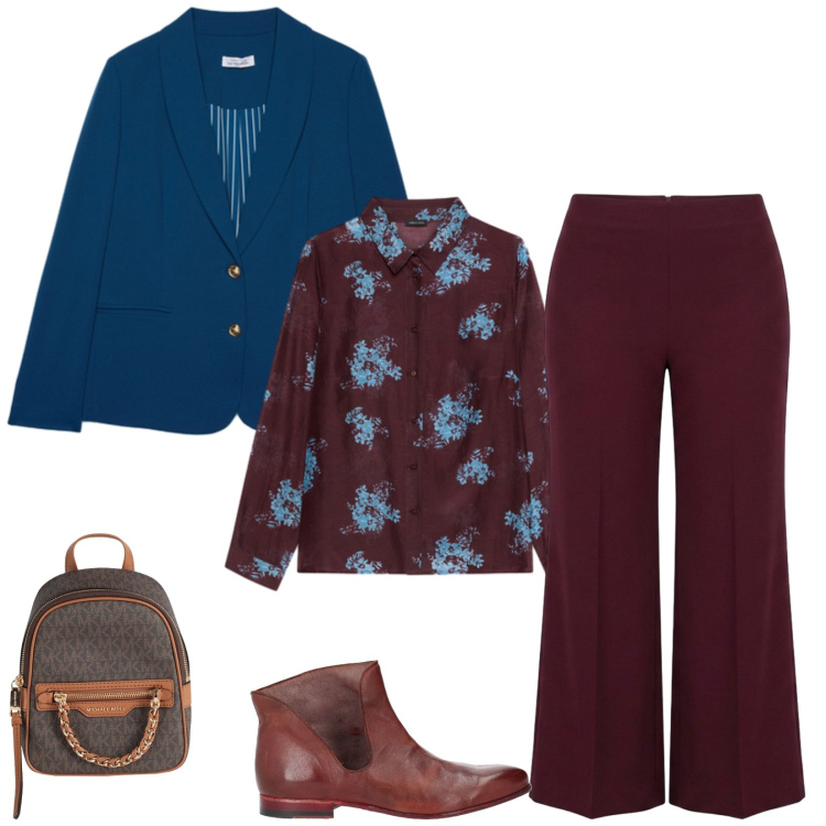 Outfit donna - Total look #2453020. Stile Casual chic per Ufficio. Abbinamento con zaini, stivaletti, blazer, camicie, pantaloni a palazzo.
