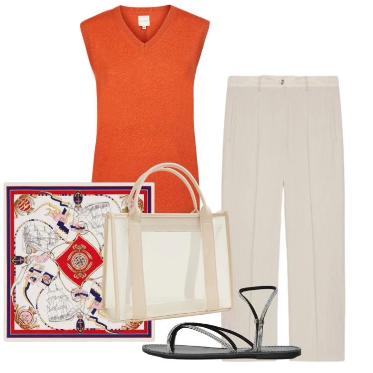 Outfit donna - Linee pulite. Stile Bon Ton per Tutti i giorni. Abbinamento con maglieria, borse tote, sandali, foulard, pantaloni.