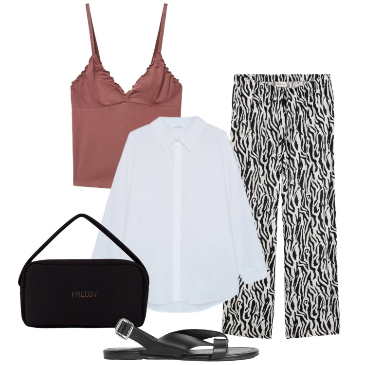 Outfit donna - In città. Stile Bon Ton per Tutti i giorni. Abbinamento con sandali, pantaloni, canottiere, camicie, borse a mano.