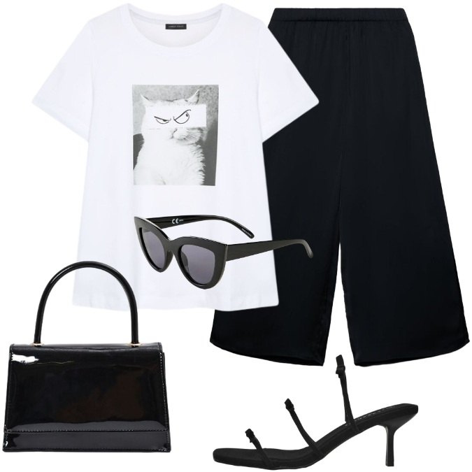 Outfit donna - Ciaoooo! torno presto!. Stile Casual chic per Tutti i giorni. Abbinamento con occhiali da sole, sandali col tacco, pantaloni, borse a mano, t-shirt.