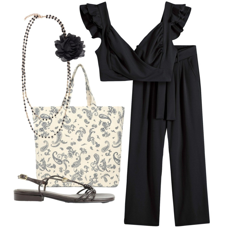 Outfit donna - Nero con rouche. Stile Chic per Serata fuori. Abbinamento con tute, sandali, shopping bag, collane.