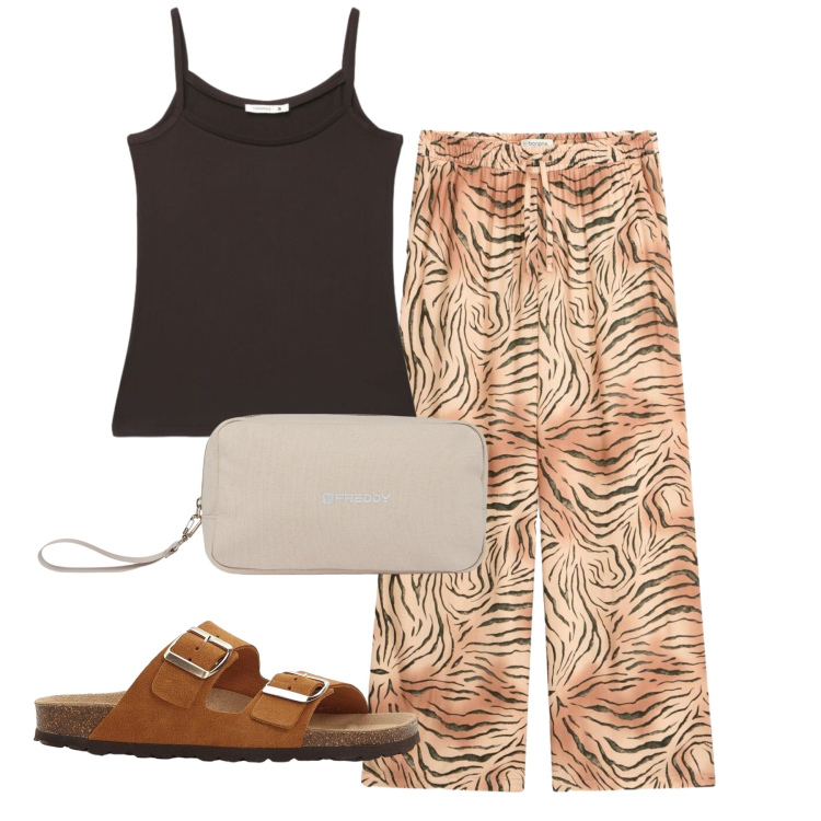 Outfit donna - Stampe. Stile Bon Ton per Tutti i giorni. Abbinamento con pantaloni, ciabatte, top, valigie.