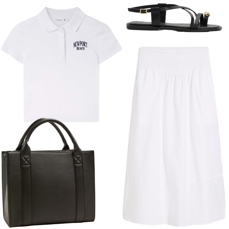 Outfit donna - In vacanza. Stile Casual chic per Tutti i giorni. Abbinamento con gonne longuette, sandali, borse tote, polo.