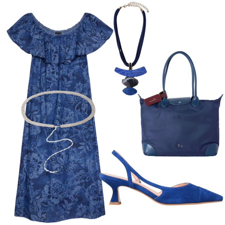 Outfit donna - In città. Stile Casual chic per Tutti i giorni. Abbinamento con décolleté, shopping bag, cinture, vestiti lunghi, ciondoli.
