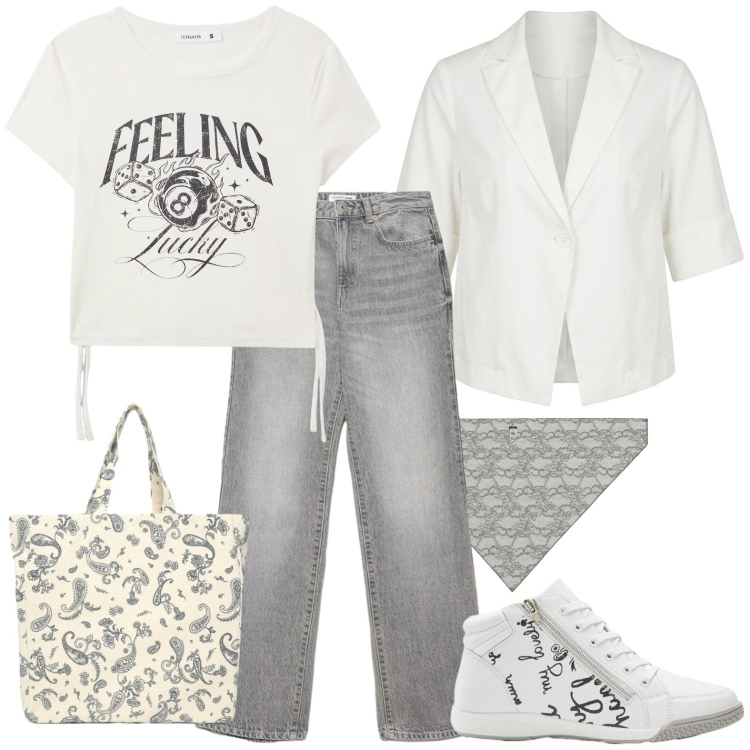 Outfit donna - Casual. Stile Casual per Tutti i giorni. Abbinamento con sneakers, jeans dritti, shopping bag, t-shirt, foulard, blazer.