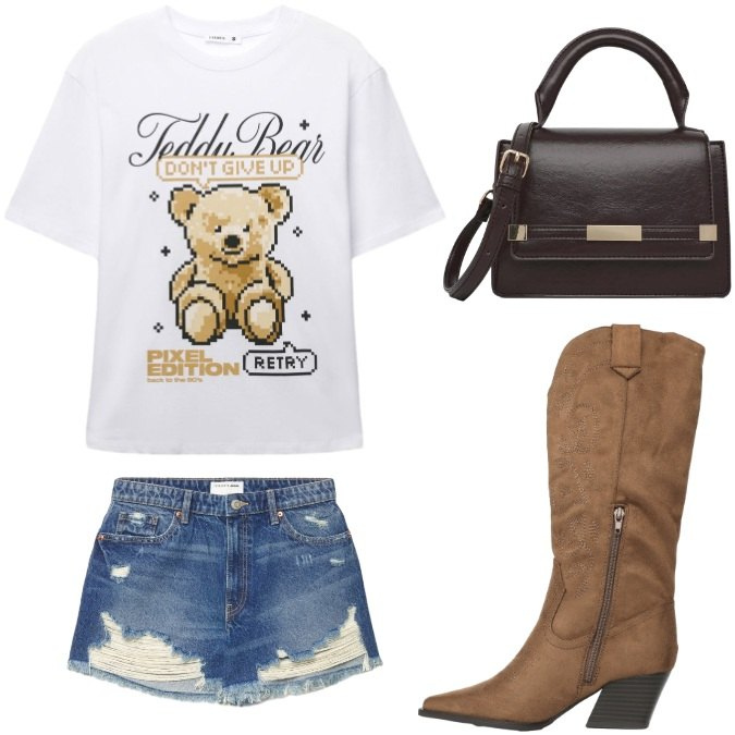 Outfit donna - Concerti - tempo libero. Stile Trendy per Tutti i giorni. Abbinamento con stivali, t-shirt, shorts, borse a spalla.
