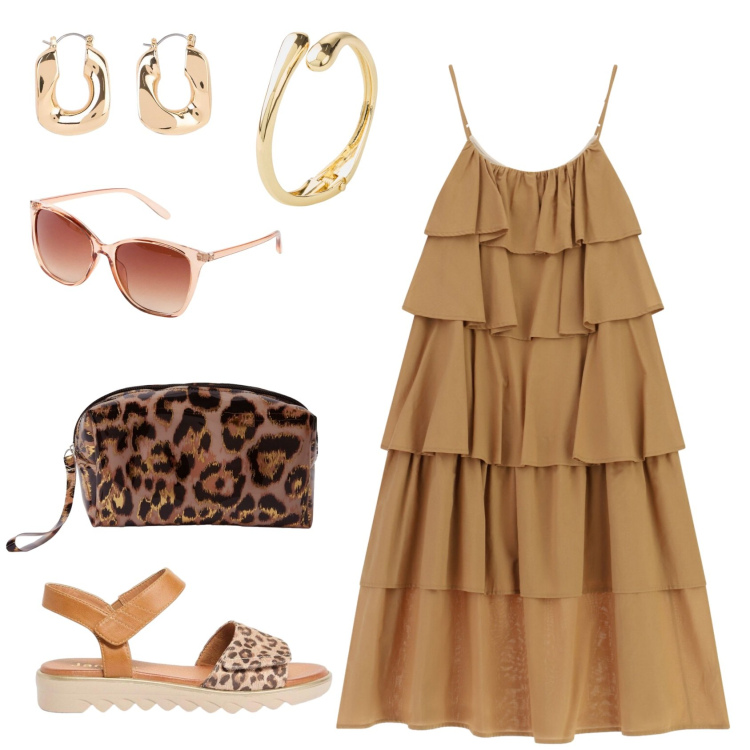 Outfit donna - Scialla. Stile Casual per Tutti i giorni. Abbinamento con occhiali da sole, braccialetti, sandali, orecchini, pochette, vestiti lunghi.