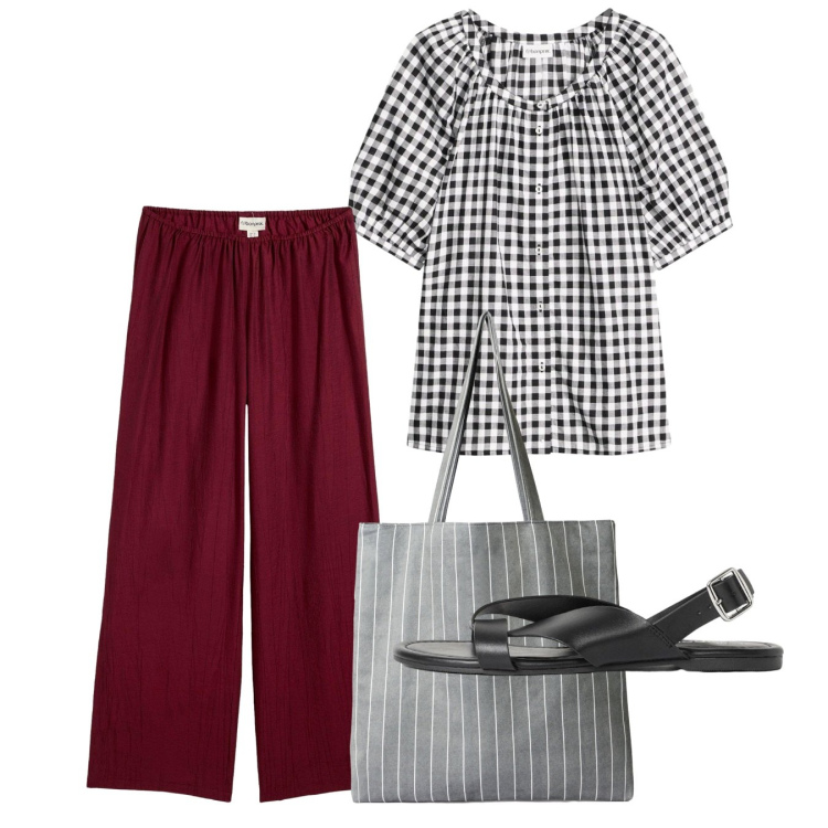 Outfit donna - Agosto. Stile Bon Ton per Tutti i giorni. Abbinamento con sandali, pantaloni, bluse, shopping bag.