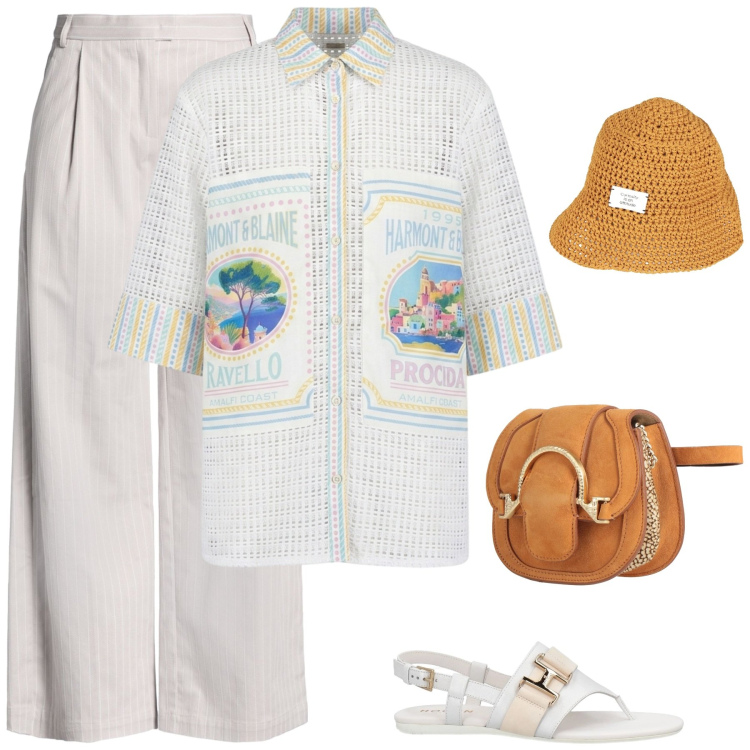 Outfit donna - Isole Ponziane. Stile Chic per Mare. Abbinamento con marsupi, pantaloni, cappelli con visiera, infradito, camicie a manica corta.