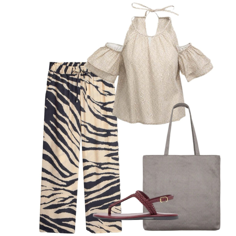 Outfit donna - Agosto. Stile Bon Ton per Tutti i giorni. Abbinamento con pantaloni a palazzo, ciabatte, shopping bag, top.