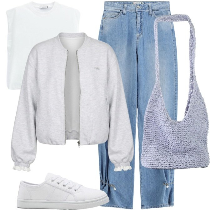 Outfit donna - In viaggio. Stile Casual per Tutti i giorni. Abbinamento con shopping bag, sneakers, felpe, jeans, top.