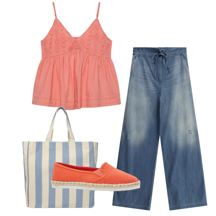 Outfit donna - Top albicocca. Stile Bon Ton per Tutti i giorni. Abbinamento con espadrillas, shopping bag, canottiere, jeans.