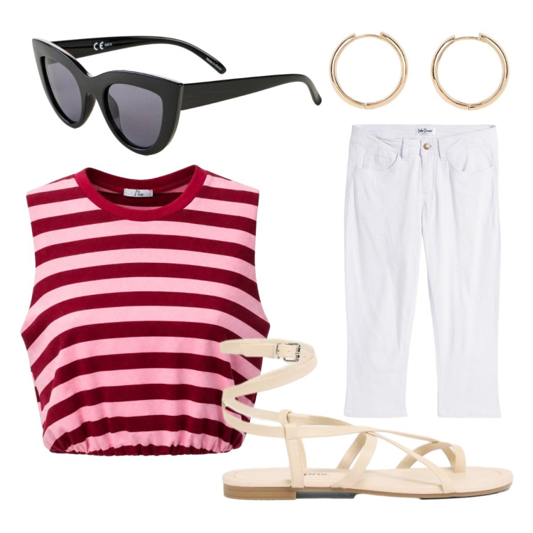 Outfit donna - A righe - @pamela. Stile Casual per Tutti i giorni. Abbinamento con jeans, orecchini, occhiali da sole, sandali, top.