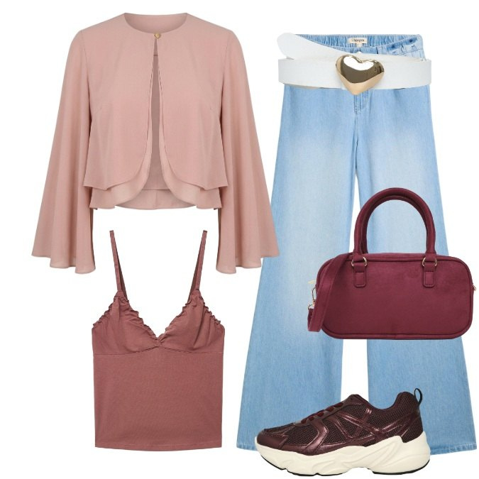 Outfit donna - Layering - comfort tempo libero. Stile Casual chic per Tutti i giorni. Abbinamento con jeans, cinture, canottiere, sneakers, borse a tracolla, blazer.