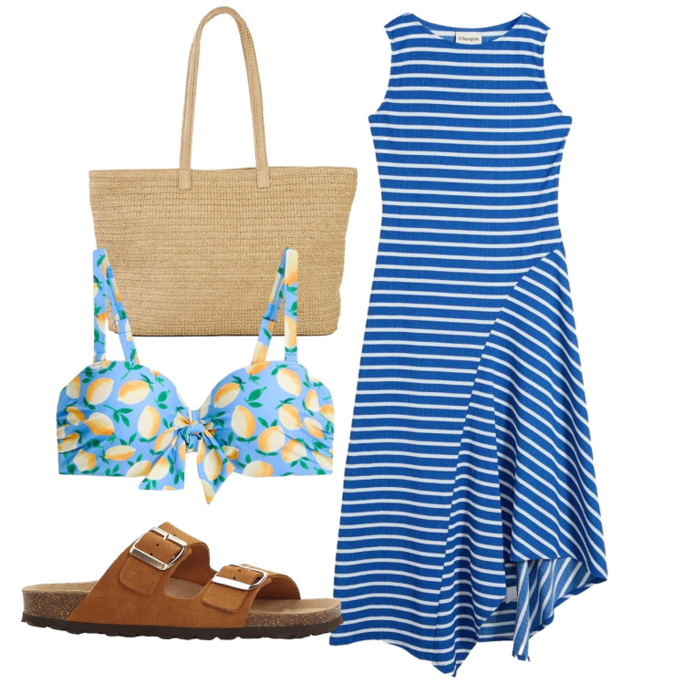 Outfit donna - Asimmetrie. Stile Chic per Mare. Abbinamento con vestiti lunghi, shopping bag, ciabatte, bikini.