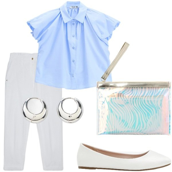 Outfit donna - Estate. Stile Casual per Tutti i giorni. Abbinamento con ballerine, orecchini, pochette, camicie a manica corta, pantaloni.