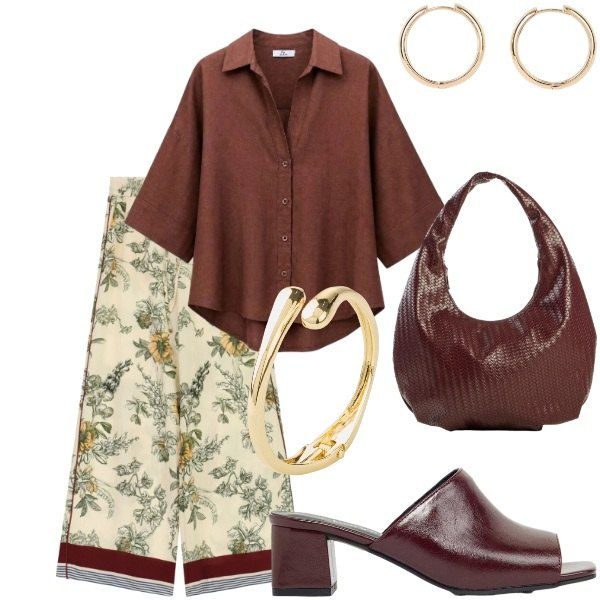 Outfit donna - A cena fuori. Stile Casual per Serata fuori. Abbinamento con ciabatte, braccialetti, borse a spalla, orecchini, camicie, pantaloni a palazzo.
