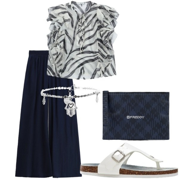 Outfit donna - Estate. Stile Casual chic per Tutti i giorni. Abbinamento con infradito, pantaloni, bluse, braccialetti, clutch.