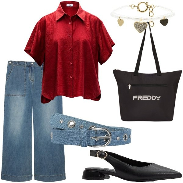 Outfit donna - Serata tra amici. Stile Casual per Tutti i giorni. Abbinamento con ballerine, cinture, camicie a manica corta, jeans, braccialetti, shopping bag.