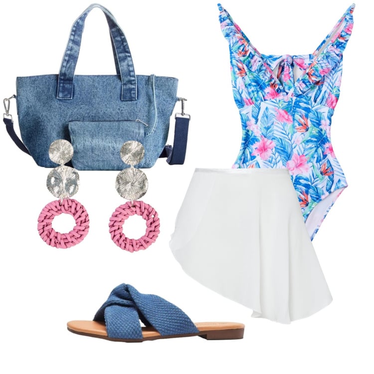 Outfit donna - Total look #2453084. Stile Trendy per Mare. Abbinamento con borse a mano, orecchini, ciabatte, costumi interi, minigonne.