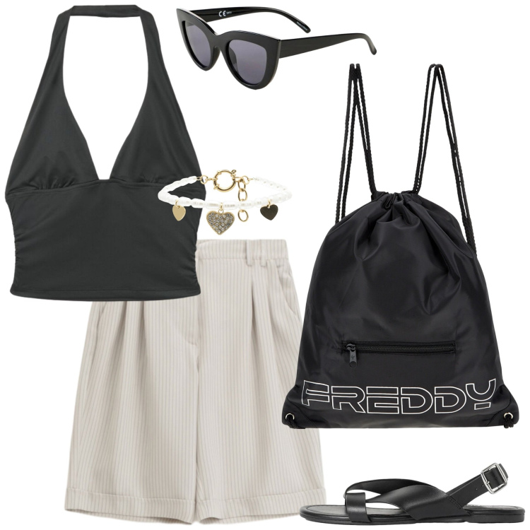 Outfit donna - Agosto che relax!. Stile Casual chic per Tutti i giorni. Abbinamento con sandali, occhiali da sole, top, bermuda, zaini, braccialetti.