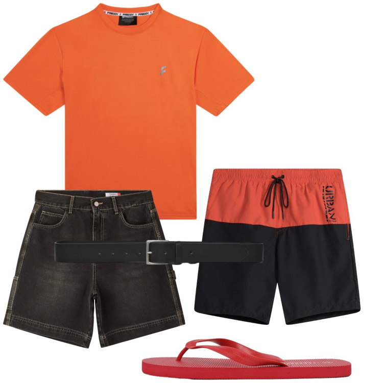 Outfit uomo - Total look #2453088. Stile Casual per Mare. Abbinamento con costumi, bermuda, sandali, cinture, t-shirt.