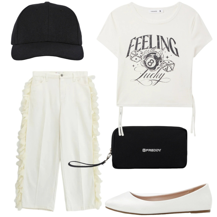 Outfit donna - Total look #2453093. Stile Casual per Tutti i giorni. Abbinamento con ballerine, cappelli con visiera, t-shirt, valigie, pantaloni.
