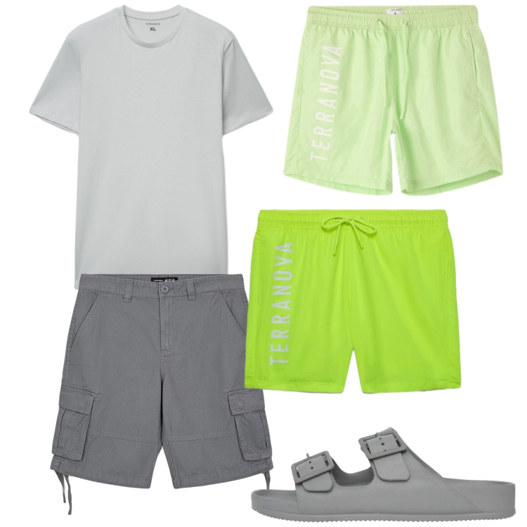 Outfit uomo - Total look #2453099. Stile Casual per Mare. Abbinamento con bermuda, t-shirt, sandali, costumi, pantaloncini sportivi.