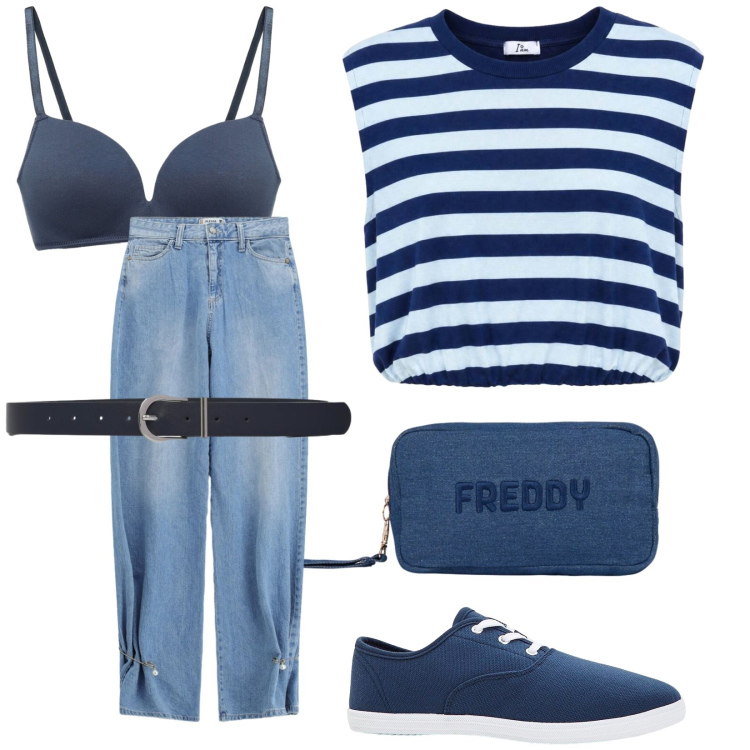 Outfit donna - Il top a righe. Stile Trendy per Tutti i giorni. Abbinamento con sneakers, reggiseni, cinture, top, pochette, jeans.