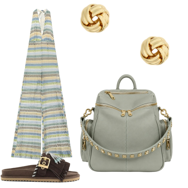 Outfit donna - Pomeriggi...d\'estate. Stile Basic per Tutti i giorni. Abbinamento con tute, zaini, orecchini, sandali in pelle.
