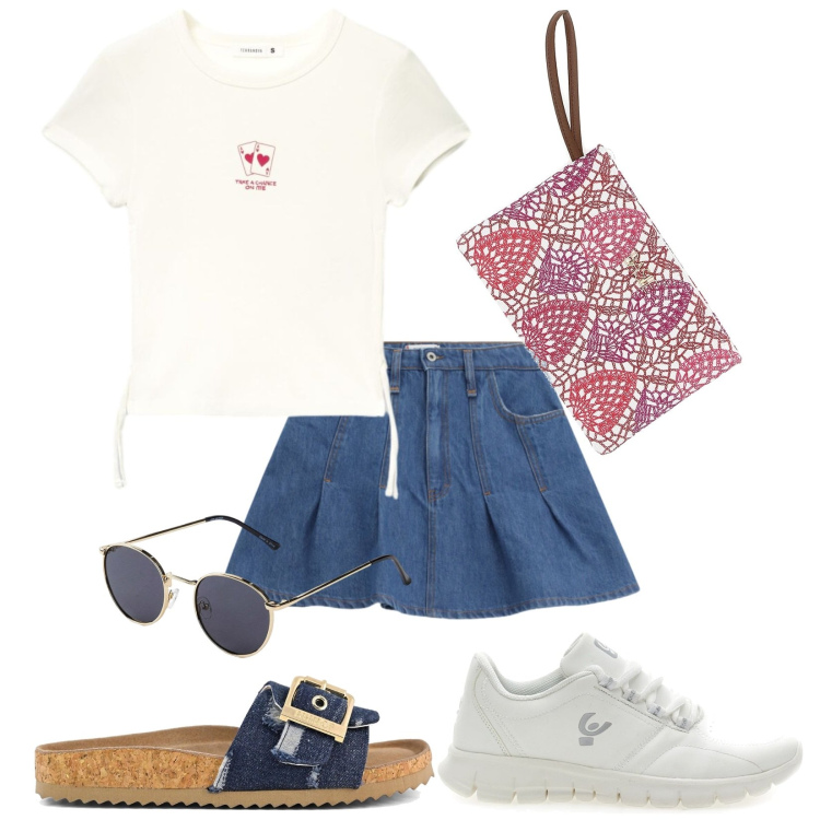 Outfit donna - In tour per la città. Stile Casual per Tutti i giorni. Abbinamento con occhiali da sole, t-shirt, minigonne, scarpe sportive, sandali, pochette.