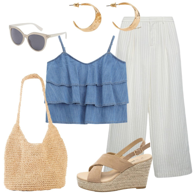Outfit donna - Chic neturale. Stile Casual chic per Tutti i giorni. Abbinamento con shopping bag, sandali col tacco, orecchini, occhiali da sole, pantaloni, top.