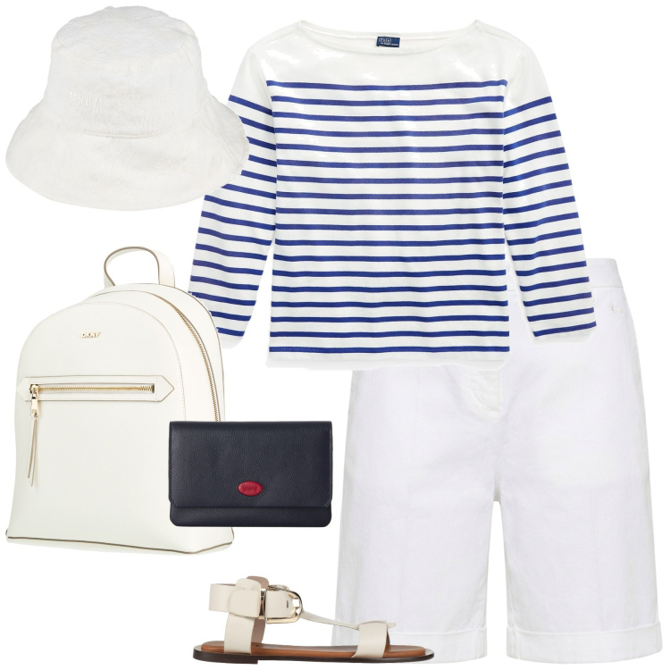 Outfit donna - Total look #2453118. Stile Casual chic per Tutti i giorni. Abbinamento con t-shirt, cappelli, zaini, sandali alla schiava, bermuda, portafogli.