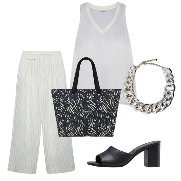 Outfit donna - Passeggiata al corso. Stile Casual chic per Tutti i giorni. Abbinamento con sandali col tacco, pantaloni, top, collane, shopping bag.