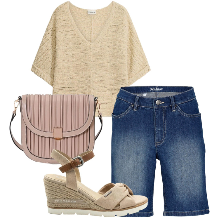 Outfit donna - Casual bon ton. Stile Casual per Tutti i giorni. Abbinamento con t-shirt, bermuda, sandali col tacco, borse a tracolla.