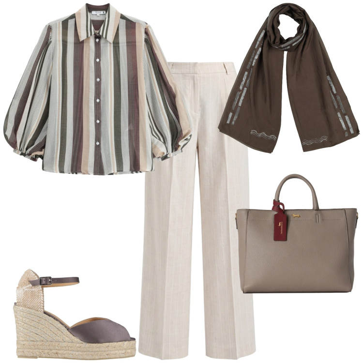 Outfit donna - Rientro in città casual chic. Stile Casual chic per Tutti i giorni. Abbinamento con espadrillas, sciarpe, pantaloni, borse a mano, camicie.