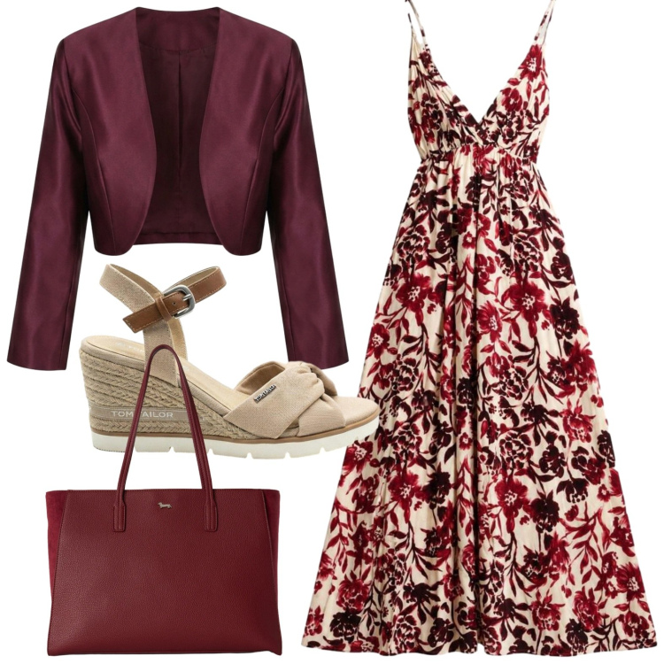 Outfit donna - Boho chic. Stile Casual per Tutti i giorni. Abbinamento con sandali col tacco, shopping bag, vestiti lunghi, blazer.
