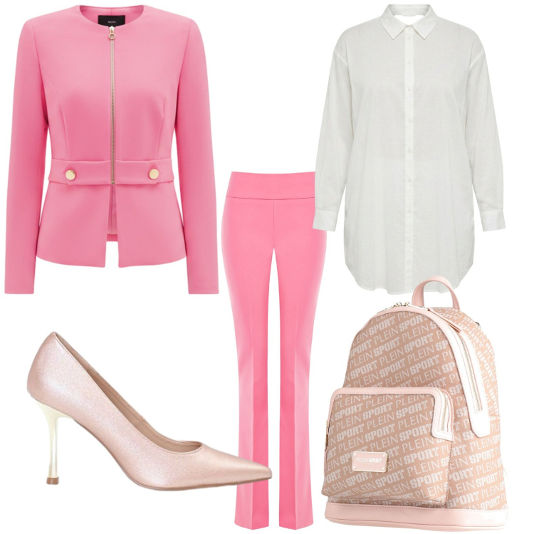 Outfit donna - Rosa sofisticato. Stile Bon Ton per Ufficio. Abbinamento con zaini, pantaloni, décolleté, blazer, camicie.