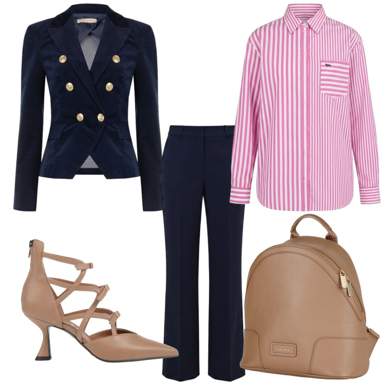 Outfit donna - Completo blu notte. Stile Casual per Ufficio. Abbinamento con zaini, décolleté, camicie, blazer, pantaloni.