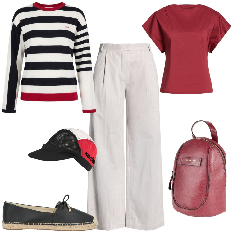 Outfit donna - Rientro in città ufficio tempo libero. Stile Sporty chic per Tutti i giorni. Abbinamento con pantaloni, zaini, top, cappelli, espadrillas, maglieria.