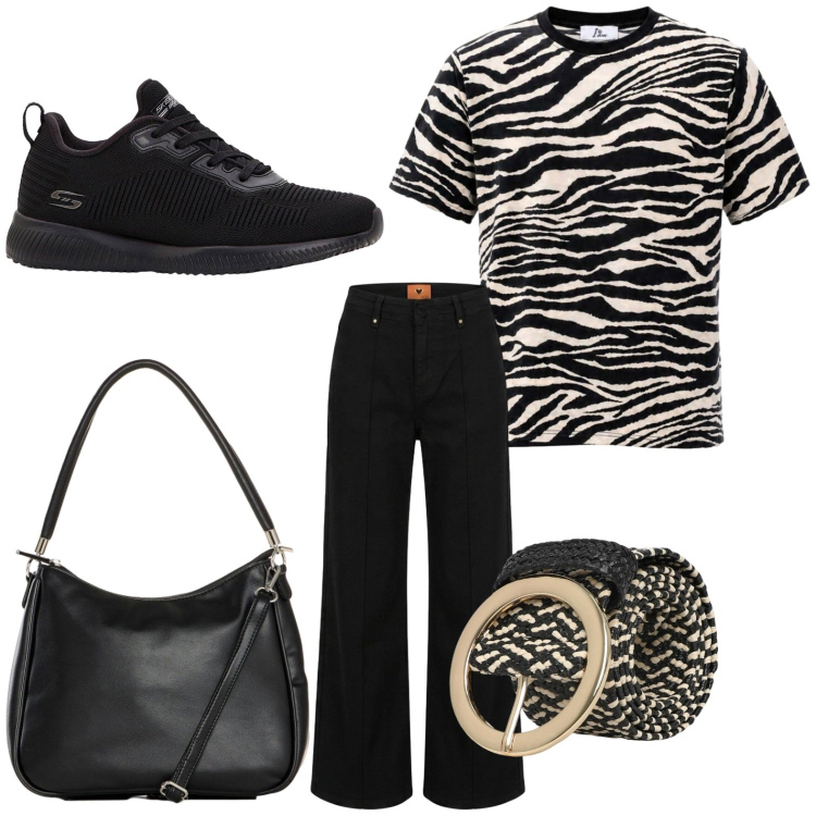 Outfit donna - Effetto zebrato. Stile Glamour per Tutti i giorni. Abbinamento con sneakers, borse a mano, cinture, t-shirt, pantaloni.